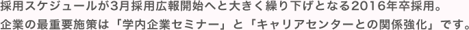 採用スケジュールが3月採用広報開始へと大きく繰り下げとなる2016年卒採用。